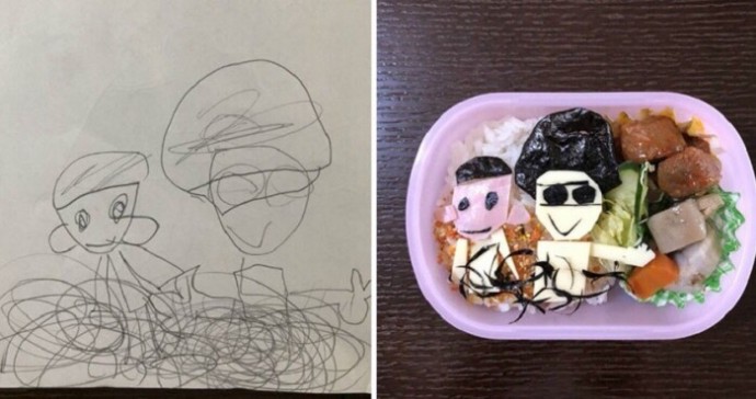 Любящий отец готовит для дочки школьные обеды по мотивам её рисунков